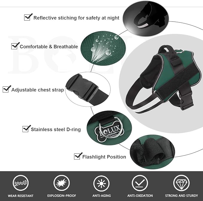 Bolux Dog Harness, No-Pull Reflective Dog Vest, Breathable Adjustable Pet Harness with Handle for Outdoor Walking - No More Pulling, Tugging or Choking (Dark Green, M) Bolux