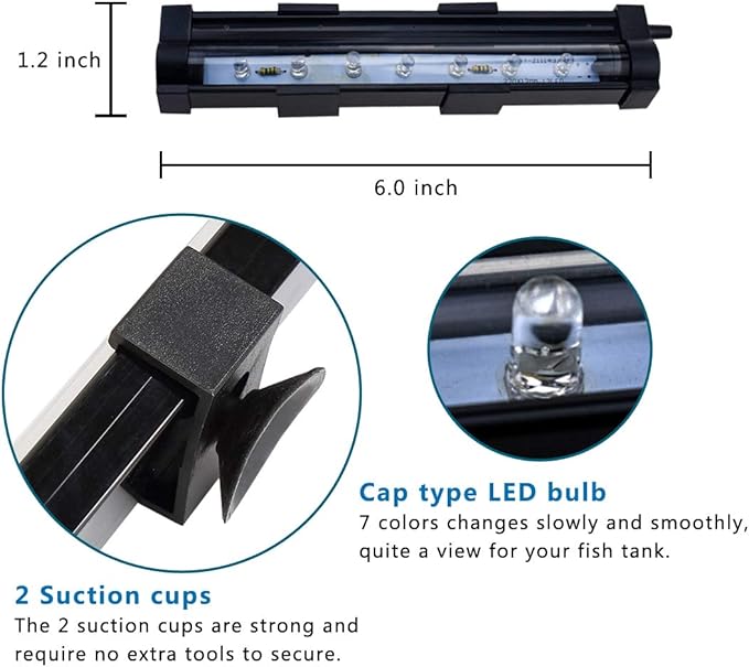 PULACO 1 Watt Aquarium Fish Tank Air Stone with Automatic Color Changing LED Light for Small Fish Tank Air Pump PULACO