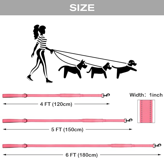 Joytale Dog Leash Heavy Duty for Large Dogs That Pull, Double Handle for Traffic Control, Double-Sided Reflective Leashes for Large Medium Dogs Night Safety, 6FT, Pink Joytale