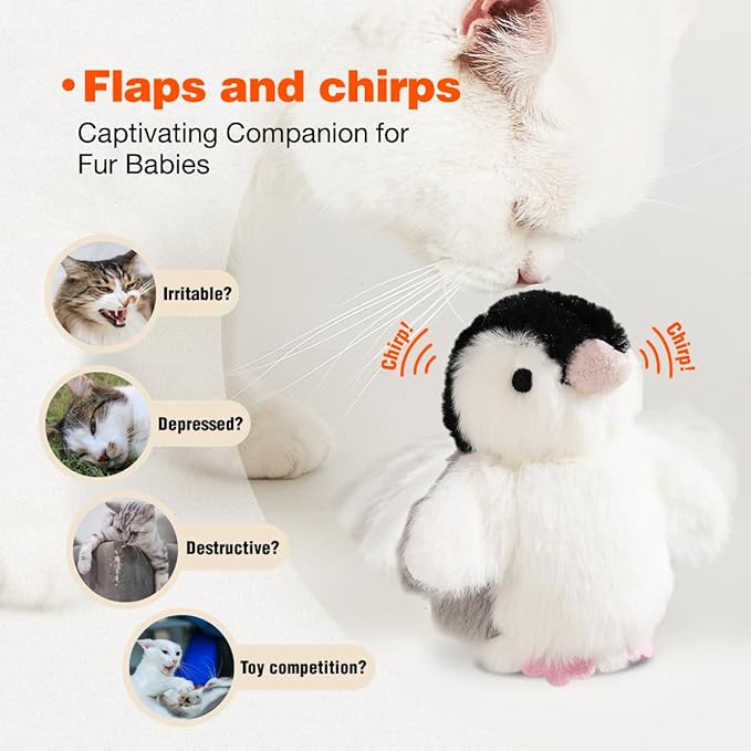 Interactive Cat Toy Rechargeable Automatic Chirping Penguin Flying Bird Cat Toy Infused with Catnip in The Wings, Auto Beating Wings Cat Toys for Indoor Cats to Play Alone, Never Boredom - PAWPICO