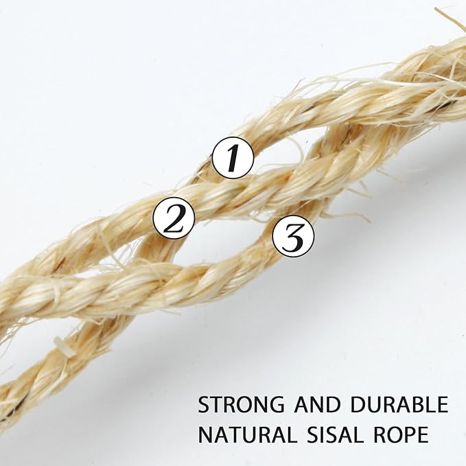 Natural Sisal Rope 1/4 Inch 32-Feet for Cat Tree Tower Repair and Replace Scratching Post, DIY Hemp Twine Rope for Cat Scratching Furniture Window Perch and Crafts Gardening Home Decorating - PAWPICO