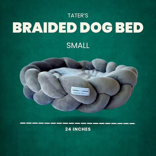Tater's Choice 24" Dog Bed - Premium Braided Dog Bed with 3 Pack of Plush Bones - Luxurious and Durable Pet Beds with Plush Polyester Filling, Non-Slip Base, Washable Mattress, Charcoal Grey, Small - PAWPICO