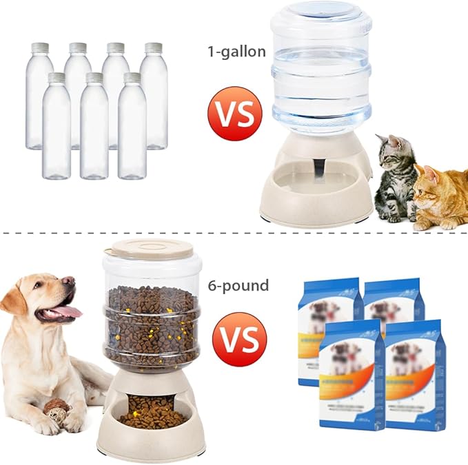 2 Pack Automatic Cat Feeder and Water Dispenser in Set Pet Food Bowl for Small Medium Dog Pets Puppy Kitten Big Capacity 1 Gallon x 2 (Cream) - PAWPICO