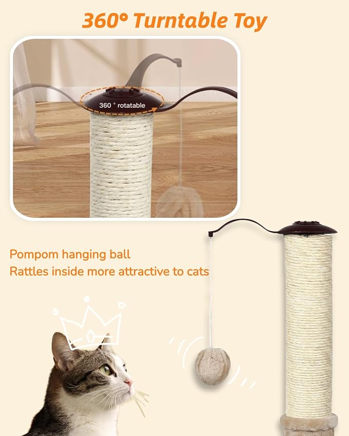Happi N Pets 22" Cat Scratching Post, Natural Sisal Scratchers Trees for Indoor Cats, Featuring with Rotatable Hanging Balls & Stable Base, Cat Scratch Posts for Kittens-Beige - PAWPICO