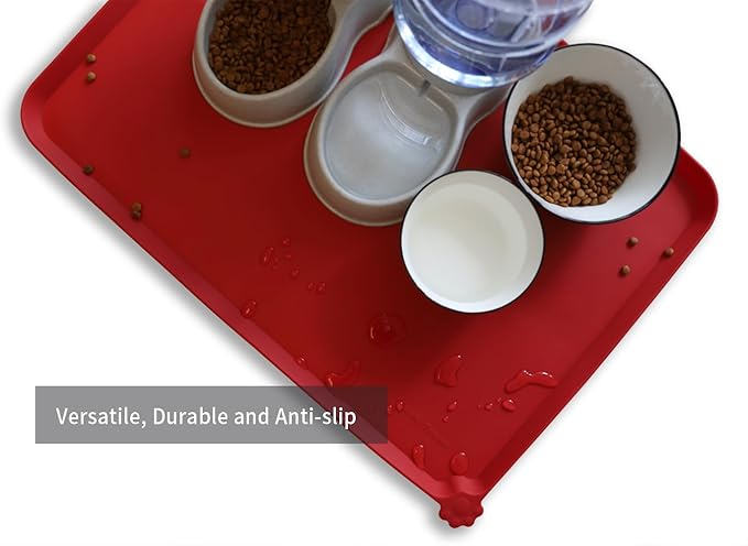 Hoki Found X-Large Silicone Pet Food Mats Tray - Non Slip Pet Dog Cat Bowl Mats Placemat - Dog Pet Cat Feeding Mat - Waterproof Dog Cat Food Mats -Pet Water Mats for Carpet - Classic Red - PAWPICO