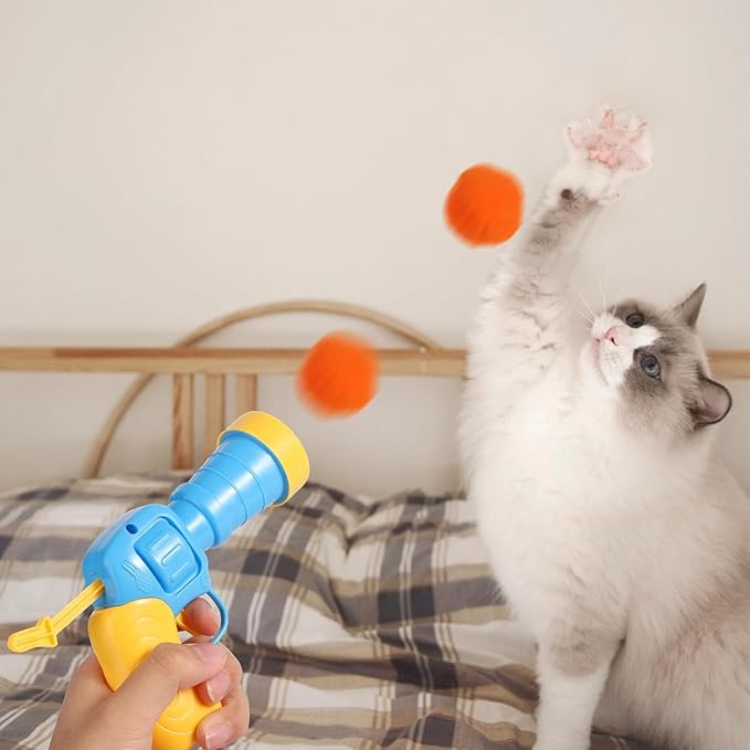 31Pcs Cat Ball Toy Launcher Gun, Cat Balls Fetch Toy, 30Pcs Plush Fuzzy Balls Launcher Cat Toy for Cats with 1 Gun, Funny Interactive Cat Toys for Bored Indoor Adult Cats, Cute Kitten Kitty Toys - PAWPICO