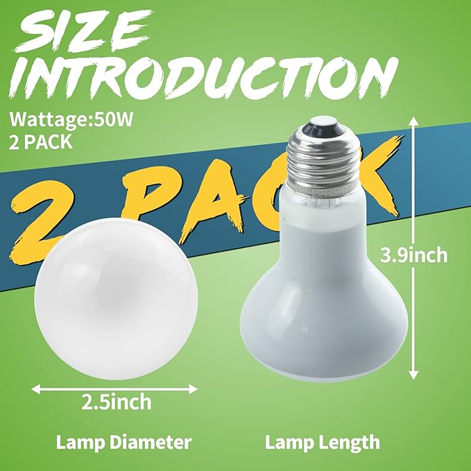LUCKY HERP 2 Pack 50W Reptile Heat Lamp Bulb (2nd Gen), Amphibian Basking Light Bulb, Reptile Daylight Bulb for Turtle, Bearded Dragon, Lizard Heating Use LUCKYHERP