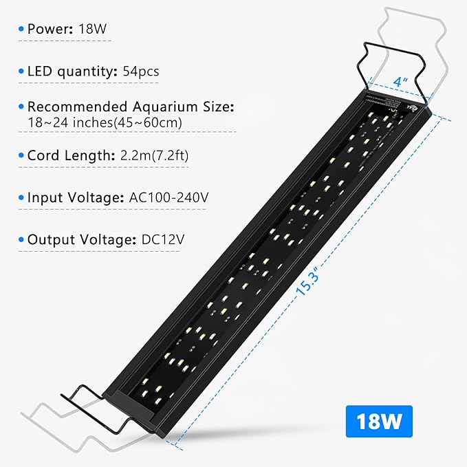 AQQA Aquarium Light,Full Spectrum Fish Tank Light for Plants,3 Mode+Timer+Adjustable Brightness,High Brightness LED Beads with Extendable Brackets for Freshwater (18W for 18-24inch) AQQA