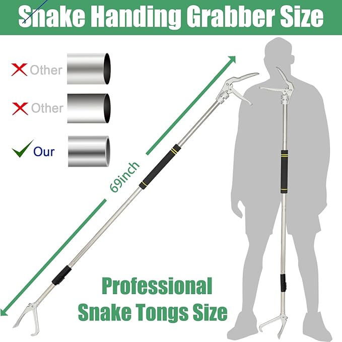 69" Snake Grabber Tool Heavy Duty, Professional Snake Catcher Tongs Rattlesnake Reptile Grabber Extend Long Keep Safe Spacing Stainless Steel Sponge Wrapped Handle Wide Jaw (Black) PAWPICO
