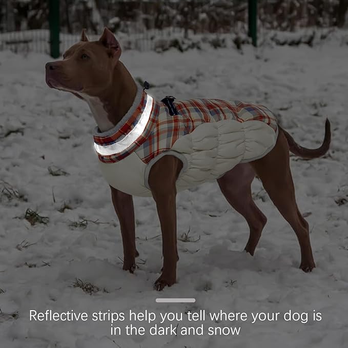 FUAMEY Dog Winter Coat,Dog Jackets with Harness Built in Dog Cold Weather Coats Dog Paded Vest Dog Apparel with Zipper on Back Pet Reflective Clothes for Small Medium Large Dogs Red Plaid S - PAWPICO
