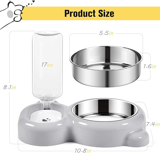 Dog Bowls, Cat Food and Water Bowl Set with Water Dispenser and Stainless Steel Bowl for Cats and Small Dogs - Grey - PAWPICO