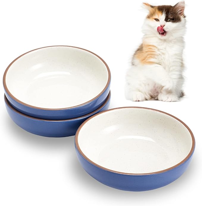 5.19 in Ceramic Cat Dishes, Howise Shallow Cat Food Bowls Small Pet Bowls Cat Food Dish for Food and Water, 3 Pack Ceramic Cat Bowls, Navy - PAWPICO