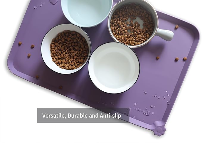 Hoki Found L Silicone Pet Food Mats Tray with Higher Lips- Non Slip Pet Dog Cat Bowl Mats Placemat - Dog Pet Cat Feeding Mat - Waterproof Dog Cat Food Mats -Pet Water Mats for Carpet -Amethyst - PAWPICO