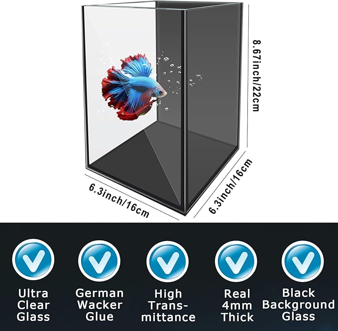 Glass Betta Aquarium Starter Kits 1.5 Gallon Small Fish Tank, Betta Fish Tank with LED Light, Power Filter, Black. 4mm Glass iPriro