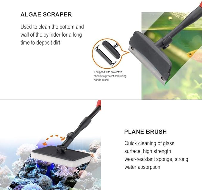UPETTOOLS Aquarium Cleaning Tool 6 in 1 Algae Scraper Scrubber Pad Adjustable Long Handle Fish Tank Brush Cleaner Set UPETTOOLS