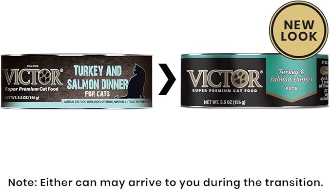 Victor Super Premium Cat Food – Turkey and Salmon Dinner Pâté – Canned Wet Food for Indoor and Outdoor Cats and Kittens - All Breed Sizes and All Life Stages, 24 x 5.5 oz Cans - PAWPICO