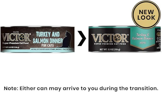 Victor Super Premium Cat Food – Turkey and Salmon Dinner Pâté – Canned Wet Food for Indoor and Outdoor Cats and Kittens - All Breed Sizes and All Life Stages, 24 x 5.5 oz Cans - PAWPICO