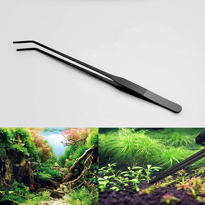 15 inch Black Curved Aquarium Tweezers Stainless Steel Curved Tweezer with Carbonation Protection Coating Against Rust Long Reptiles Feeding Tongs for Aquatic Plants Lizards Spider Snakes EvaGO
