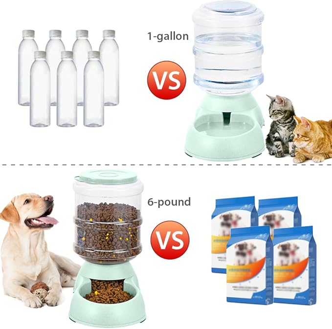 2 Pack Automatic Cat Feeder and Water Dispenser in Set Gravity Food Feeder and Waterer Pet Food Bowl for Small Medium Dog Pets Puppy Kitten Big Capacity 1 Gallon x 2 (2 Pack Green) - PAWPICO