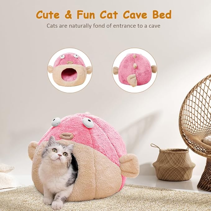 Cat Beds for Indoor Cats - Cat Bed Cave with Removable Washable Cushioned Pillow, Soft Plush Premium Cotton No Deformation Pet Bed, Lively Pufferfish Cat House Design, Pink, Multiple Sizes(M) - PAWPICO