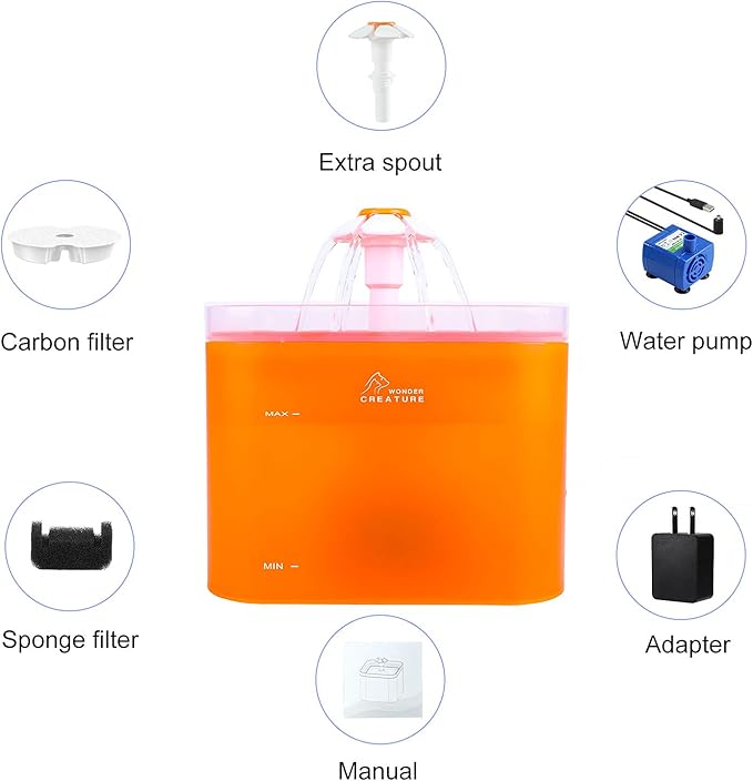 Cat Water Fountain, 67oz/2L Automatic Cat Drinking Fountain, Pet Water Fountain with LED Light and Filter for Cats and Small Dogs (Orange) - PAWPICO