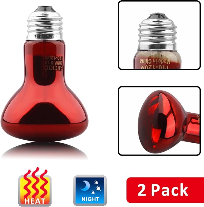 Aiicioo Reptile Red Light Bulb - Reptile Heat Lamp Bulb Infrared Basking Spot Lamp for Bearded Dragon Lizard Turtle Hermit Crab Leopard Gecko Snake Chameleon 50W AIICIOO