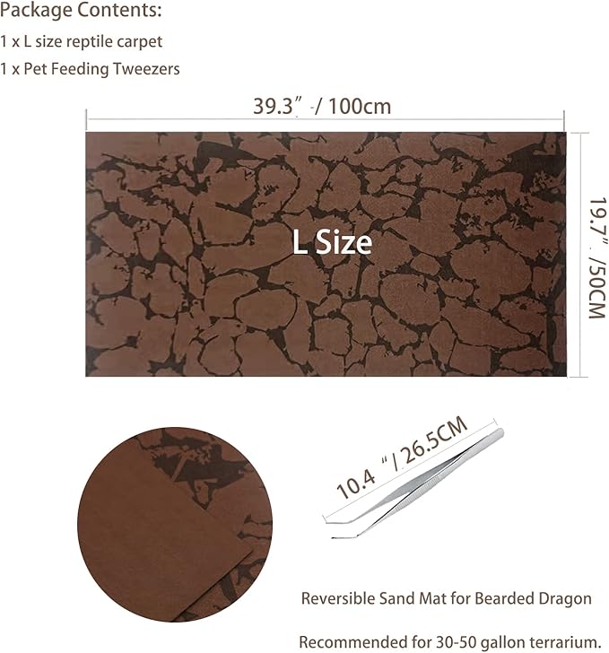 Tfwadmx Reptile Carpet Sand Mat for Bearded Dragon Terrarium Substrate Liner Brown Reversible Lizard Bedding Mats for Cage Leopard Gecko Tortoise Turtle Snake Chameleon with Tweezer 20"x 39"(2 Pcs) Tfwadmx