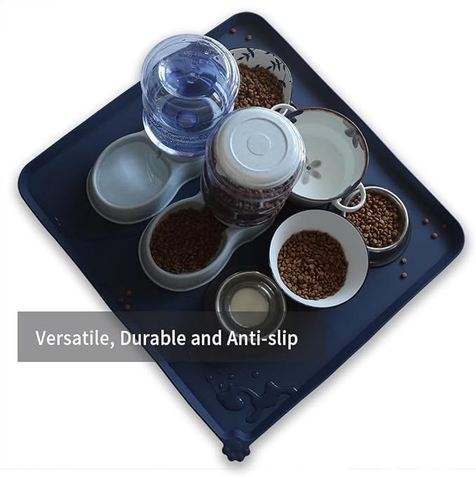 Hoki Found XX-Large Silicone Pet Food Mats Tray - Non Slip Pet Dog Cat Bowl Mats Placemat - Dog Pet Cat Feeding Mat - Waterproof Dog Cat Food Mats -Pet Water Mats for Carpet - French Navy - PAWPICO