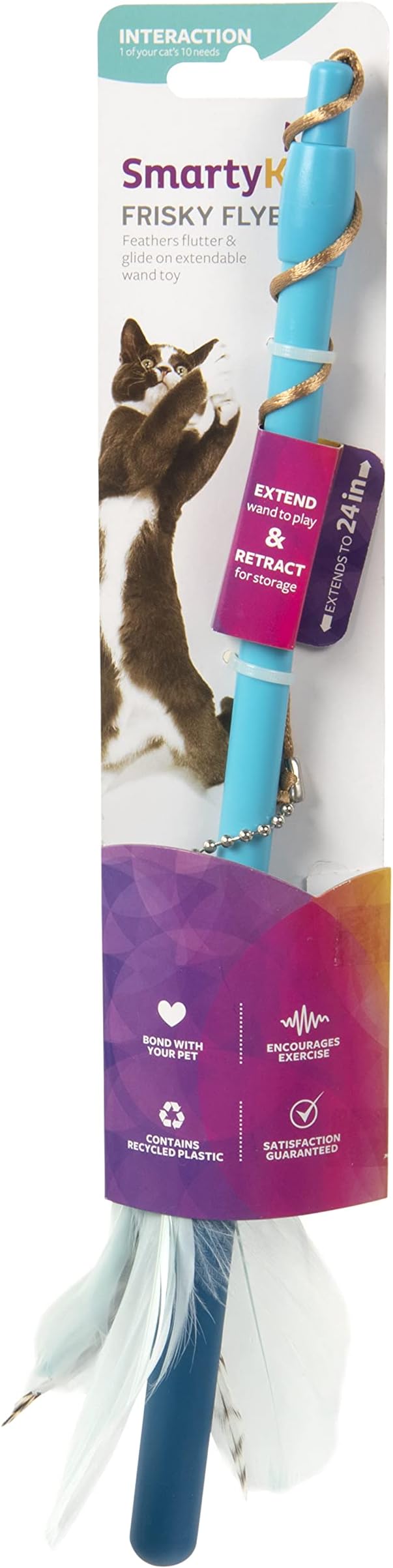 SmartyKat Frisky Flyer Feather Wand Cat Toy, Extendable Up to 24" - Blue, One Size - PAWPICO