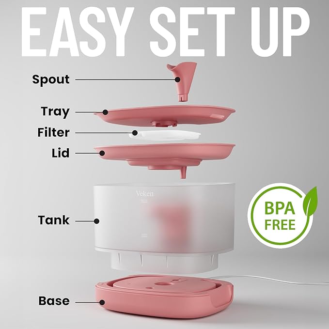 Veken Cat Water Fountain, 84oz/2.5L Automatic Pet Water Fountain Dog Water Dispenser with a Detachable Water Tank, Easy Cleaning for Cats, Dogs (Pink) - PAWPICO