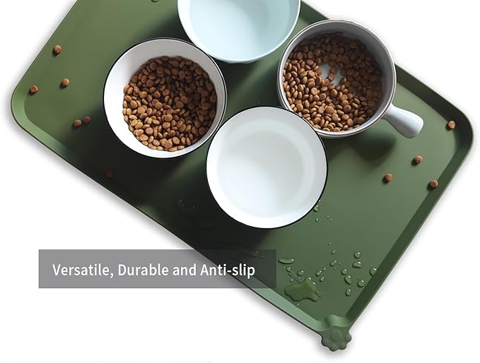 Hoki Found L Silicone Pet Food Mats Tray - Non Slip Pet Dog Cat Bowl Mats Placemat - Dog Pet Cat Feeding Mat - Waterproof Dog Cat Food Mats -Pet Water Mats for Carpet -Dark Olive - PAWPICO