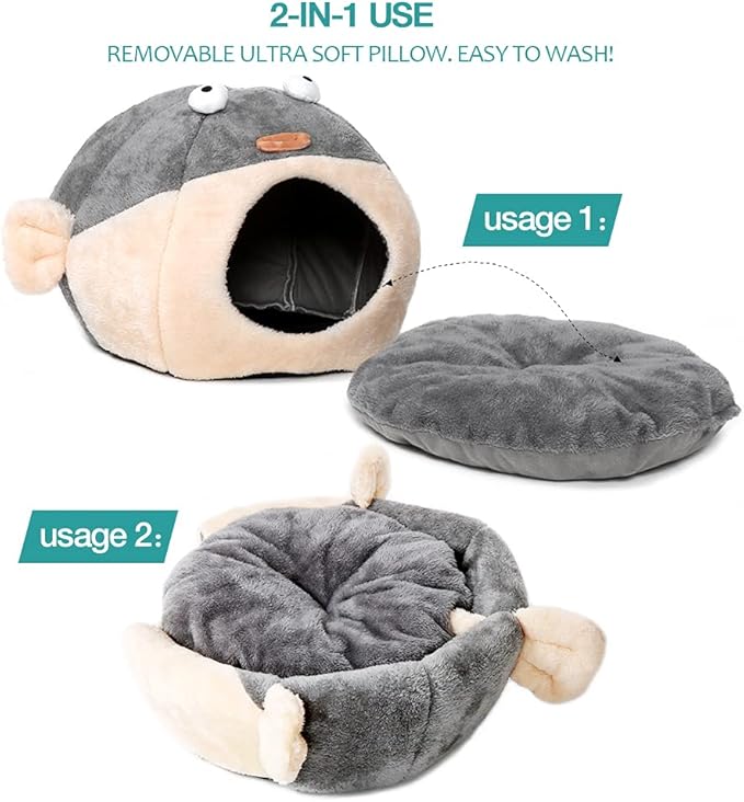 Cat Beds for Indoor Cats - Cat Bed Cave with Removable Washable Cushioned Pillow, Soft Plush Premium Cotton No Deformation Pet Bed, Lively Pufferfish Cat House Design, Grey, Multiple Sizes(S) - PAWPICO