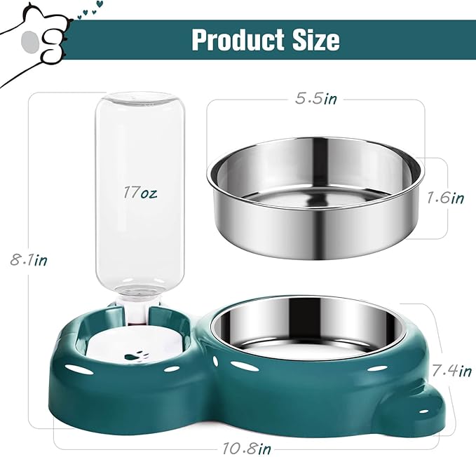 Dog Bowls, Cat Food and Water Bowl Set with Water Dispenser and Stainless Steel Bowl for Cats and Small Dogs - Dark Green - PAWPICO
