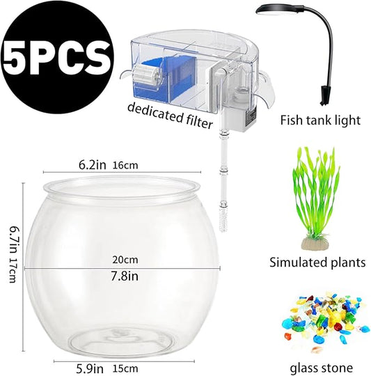 1 Gallon Aquarium Small Fish Tank Break-Resistant Plastic Betta Fish Bowl PET Clear Round Bowl Terrarium Desktop Golden Fish Tank with Filter and Light SARUFO
