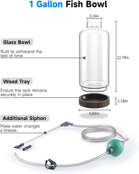 PONDON 1 Gallon Fish Bowl Vase, Featured Aquarium Kit Aquariums Channel, Wooden Base and Water Changer Included PONDON