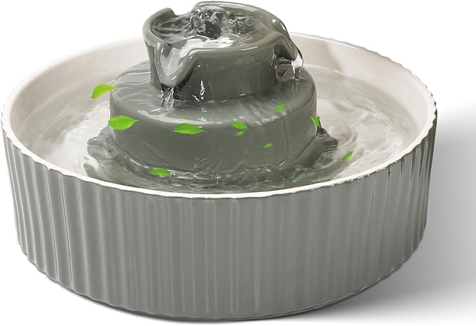 Ceramic Cat Water Fountain, 2.1L/70oz Ceramic Pet Water Fountain Automatic Cat Drinking Fountains Pet Water Bowl, Porcelain Cat Water Dispenser with Ultra-Quiet Pump for Cats and Dogs(Grey) - PAWPICO