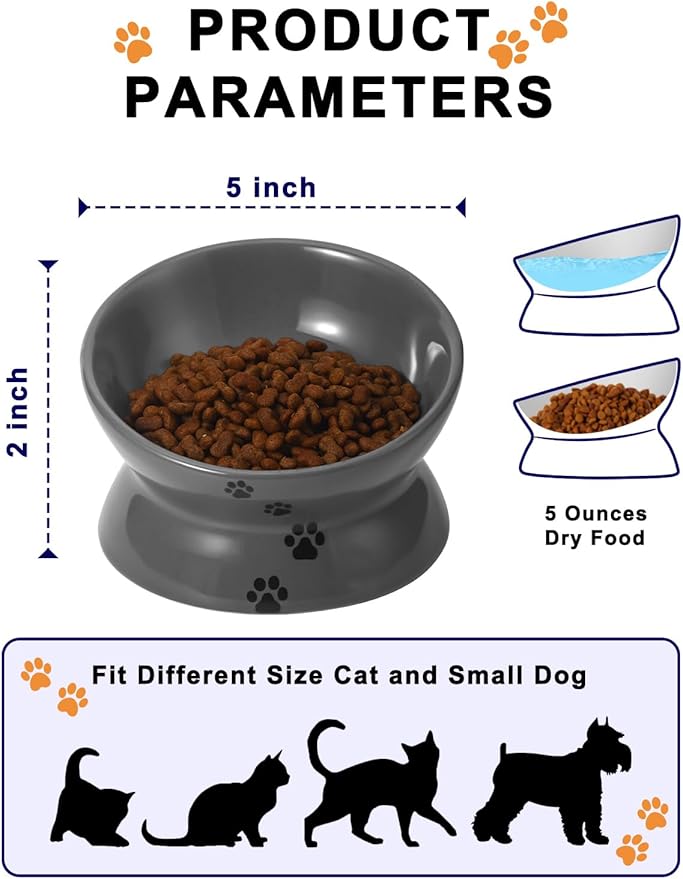Y YHY Raised Cat Food Bowl, Ceramic Elevated Cat Bowl, Title Angle Protect Cat's Spine, Anti Vomiting Cat Dish, Backflow Prevention, Grey - PAWPICO