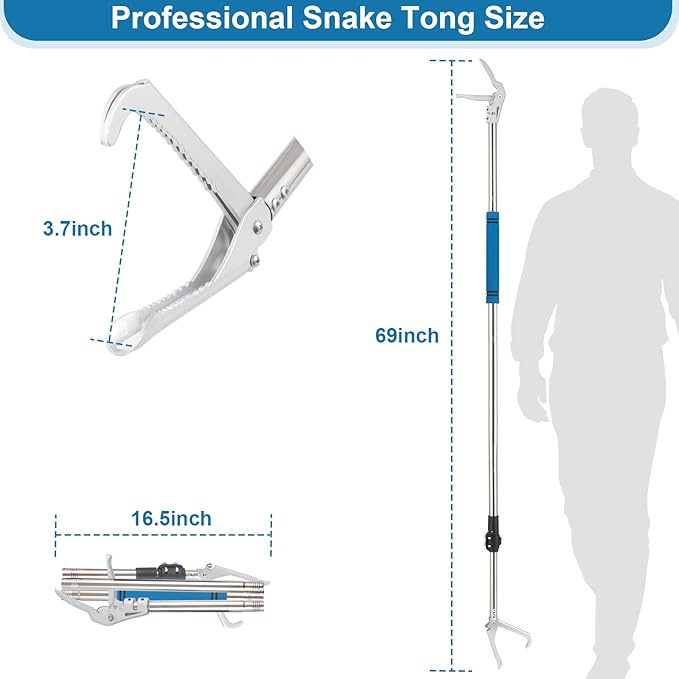 Snake Grabber Reacher Tool, 69" Snake Catcher Tongs Long Handle Heavy Duty Reptile Rattlesnake Catch Tongs Snake Tool Wide Jaw Stainless Steel Sponge Wrapped Handle (Blue) PAWPICO