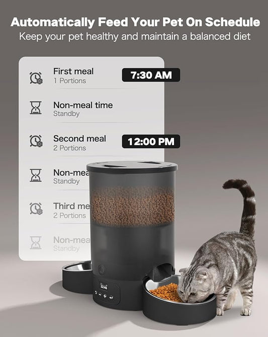 Automatic Cat Feeder for 2 Cats, 3L Cat Food Dispenser SURDY Auto Cat Feeder with 2 Stainless Bowls, 10s Meal Call Dual Power Supply and Timer Setting 12 Portions 6 Meals Per Day for Cats and Dogs - PAWPICO