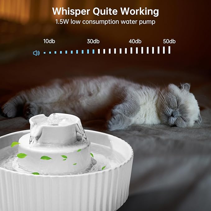 Ceramic Cat Water Fountain, 2.1L/70oz Ceramic Pet Water Fountain Automatic Cat Drinking Fountains Pet Water Bowl, Porcelain Cat Water Dispenser with Ultra-Quiet Pump for Cats and Dogs (White) - PAWPICO