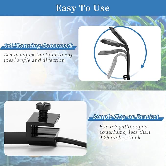 Mini Clip On Aquarium Light 7W Dimmable Small Fish Tank Light USB Moving Lamp with White Red Blue Green LED for 1 to 3 Gallon Tanks DaToo