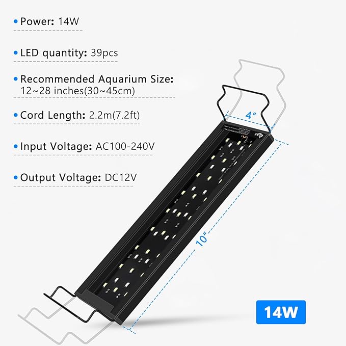 AQQA Aquarium Light,Full Spectrum Fish Tank Light for Plants,3 Mode+Timer+Adjustable Brightness,High Brightness LED Beads with Extendable Brackets for Freshwater (14W for 12-18inch) AQQA