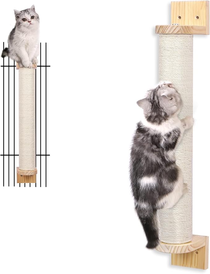 Wall Mounted Cat Scratching Post - 21'' Wooden Sisal Cat Scratcher,Hemp Rope Scratcher Posts for Indoor Cats or Kittens- Cute Modern Wall Mounted Cat Furniture - PAWPICO