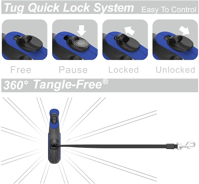 TUG 360° Tangle-Free Retractable Dog Leash with Anti-Slip Handle | 16 ft Strong Nylon Tape | One-Handed Brake, Pause, Lock (Large, Blue) TUG