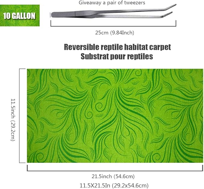 2 Pack Rainforest Tropical Reptile Carpet Mat Substrate, Terrarium Liner Bedding, for Lizard,Chameleon,Gecko,Snake,Ceratophrys with Tweezers Feeding Tong (10 Gallon(21.5x11.5in)) REP+BUDDY