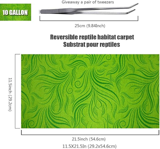 2 Pack Rainforest Tropical Reptile Carpet Mat Substrate, Terrarium Liner Bedding, for Lizard,Chameleon,Gecko,Snake,Ceratophrys with Tweezers Feeding Tong (10 Gallon(21.5x11.5in)) REP+BUDDY