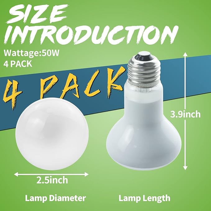LUCKY HERP 4 Pack 50W Reptile Heat Lamp Bulb (2nd Gen), Amphibian Basking Light Bulb, Reptile Daylight Bulb for Turtle, Bearded Dragon, Lizard Heating Use LUCKYHERP