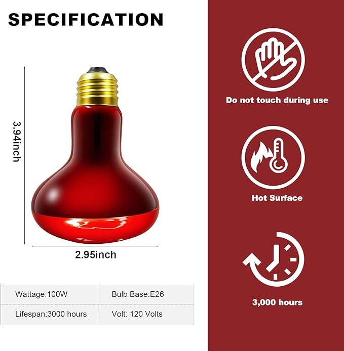 MIXJOY 100W Infrared Heat Lamp Bulbs, 2 Pack Reptile Infrared Heat Emitter Red Heat Lamp Bulbs Infrared Basking Light Bulbs for Reptiles, Bearded Dragon, Lizard, Tortoise, Chickens, Pets MIXJOY