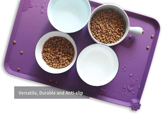 Hoki Found L Silicone Pet Food Mats Tray - Non Slip Pet Dog Cat Bowl Mats Placemat - Dog Pet Cat Feeding Mat - Waterproof Dog Cat Food Mats -Pet Water Mats for Carpet - Eggplant - PAWPICO