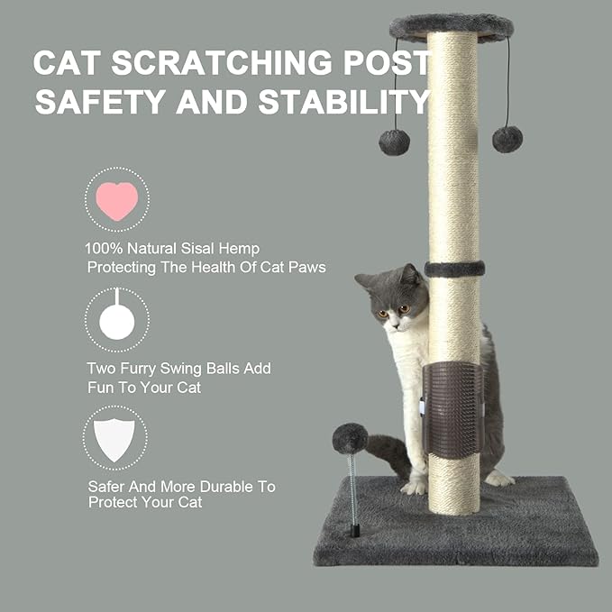 PEEKAB 32" Tall Cat Scratching Post Sisal Scratch Posts with Hanging Ball and Self-Massage Brush Vertical Scratcher for Indoor Cats and Kittens(Gray 32inches) - PAWPICO